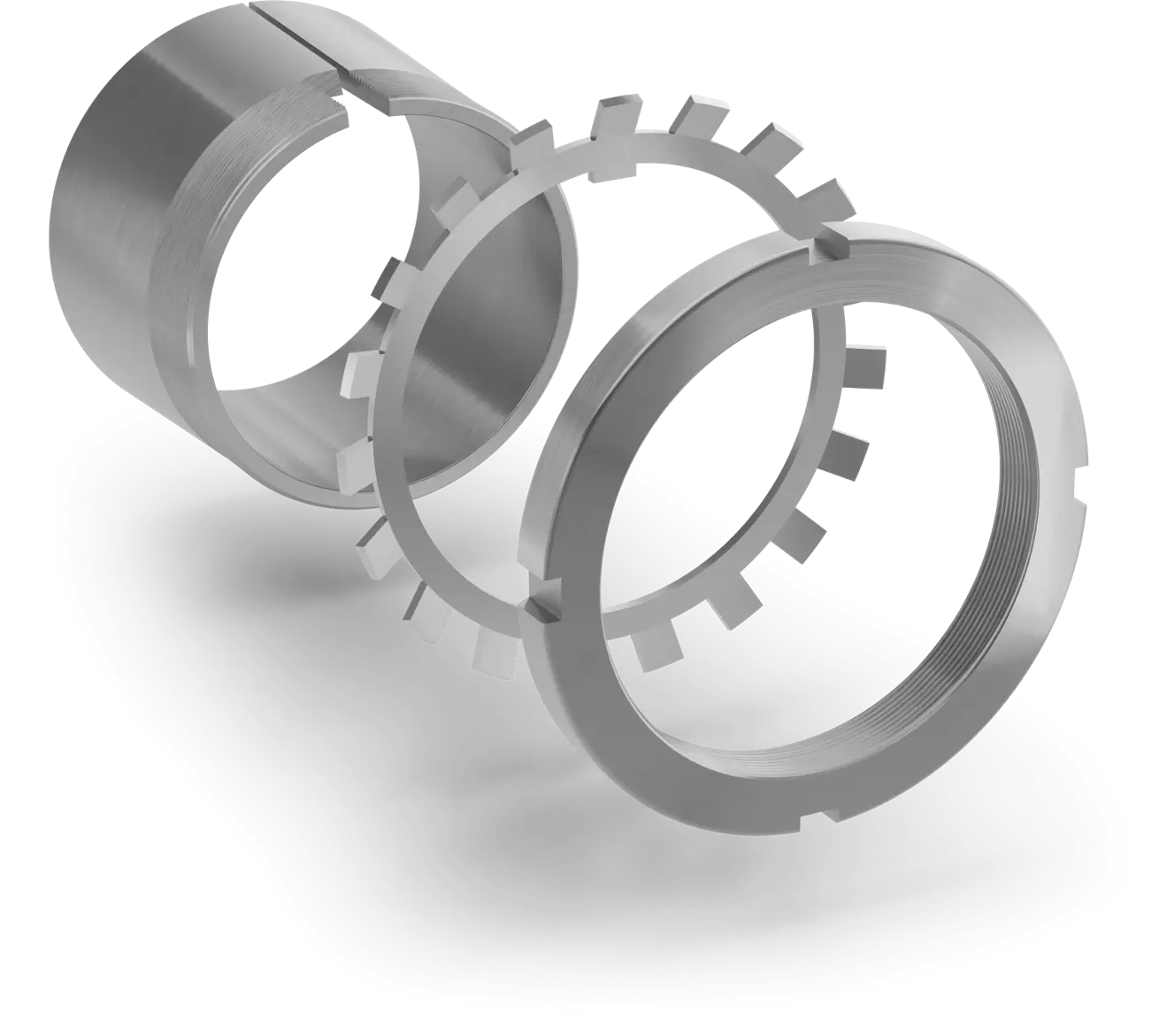 Spannhülse ohne Ölkanäle für Wälzlager mit Nutmutter und Sicherungsblech als Explosionsdarstellung